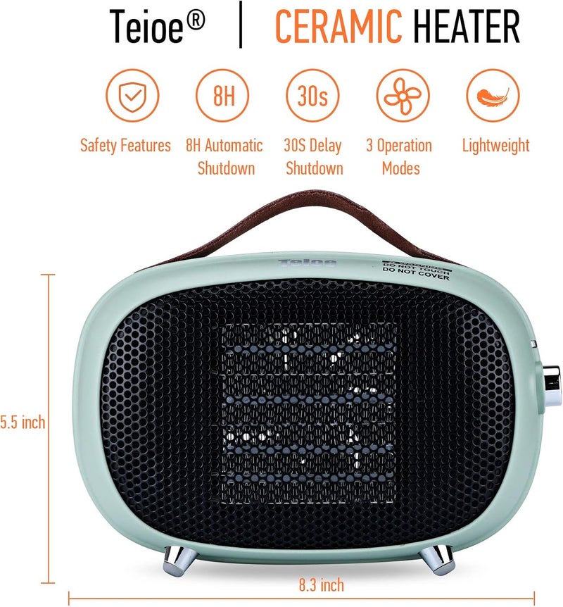 Teioe Space Heater, Mini Electric Space Heater 800W/400W, Small PTC Ceramic Heater with Tip-Over and Overheat Protection, 3 Operating Modes, Space Heaters for Office, Bedroom and Under Desk (GREEN) - Image 2